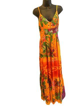 Maxi Summer Orange Floral Maxi Dress With Beaded Details & Adjustable Straps